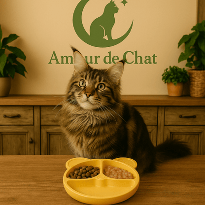 Gamelles chaton 3 en 1 jaune ronde silicone avec repas maine coon tigré dans cuisine - SiliCroc™