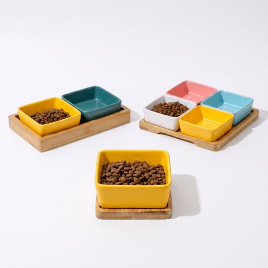 Gamelles chaton céramique support bois naturel 1 à 6 bols modulables pour repas organisés