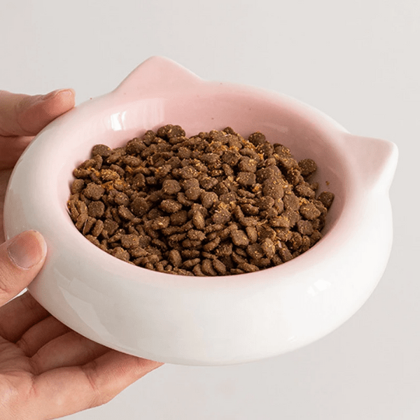 Gamelles chaton design rose ronde ramequin tenue dans main avec croquettes - MiniCroc™