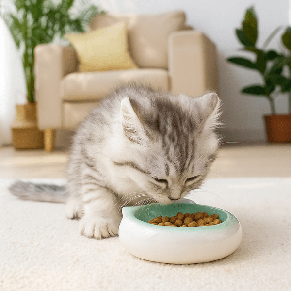 Gamelles chaton design ronde tête chat céramique ramequin vert avec repas croquettes salon - MiniCroc™