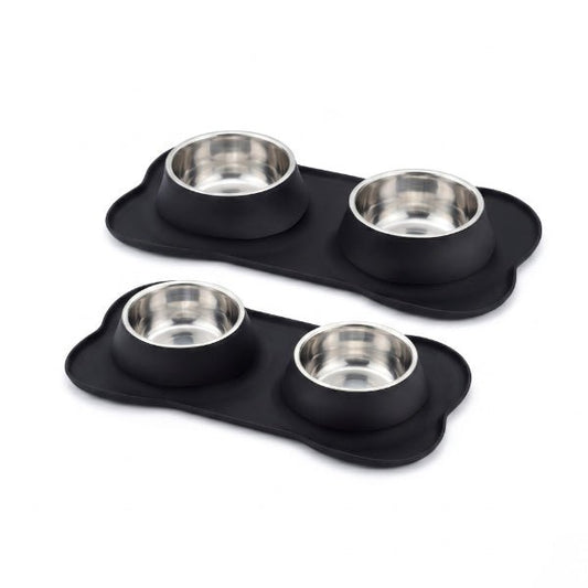 Gamelles chaton double inox et tapis silicone intégré anti salissures en deux tailles