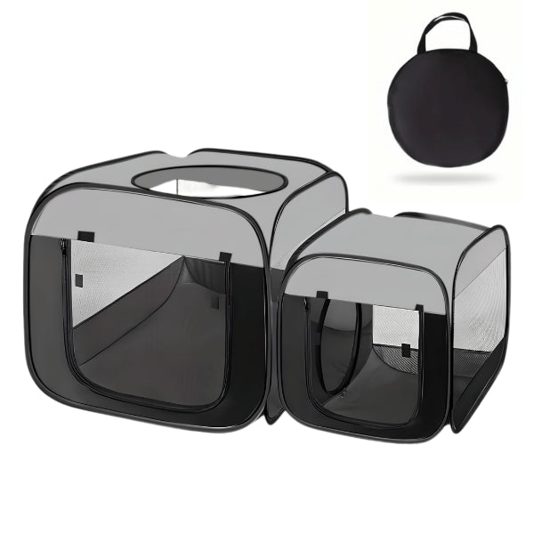 Grande tente pour chat double espace noire avec sac de rangement transport parc pliable