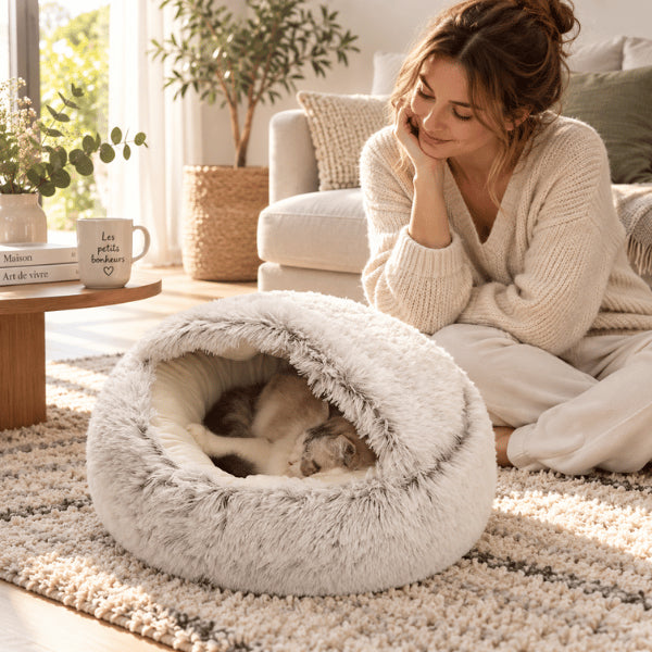 Grotte pour chaton en peluche chaude offrant un couchage rassurant et enveloppant