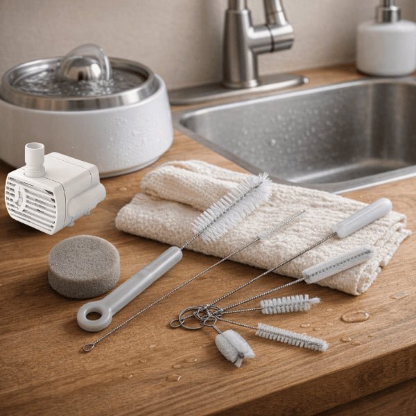 Kit nettoyage pour pompe fontaine à eau chat utilisé près d’un évier en utilisation quotidienne