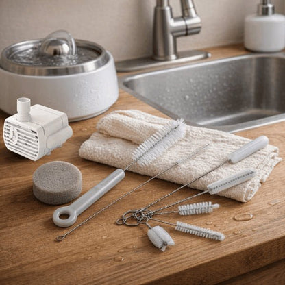 Kit nettoyage pour pompe fontaine à eau chat utilisé près d’un évier en utilisation quotidienne