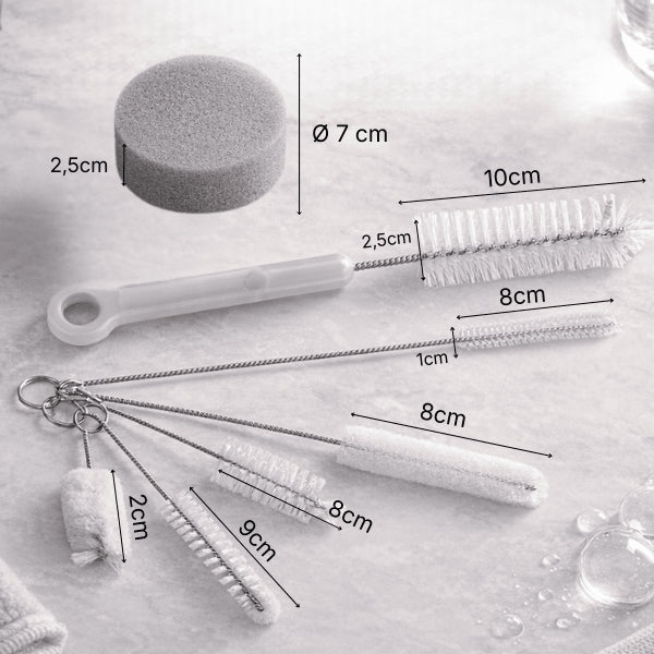 Dimensions des brosses et accessoires du kit nettoyage pour pompe fontaine à eau chat