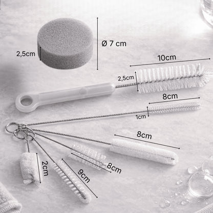 Dimensions des brosses et accessoires du kit nettoyage pour pompe fontaine à eau chat