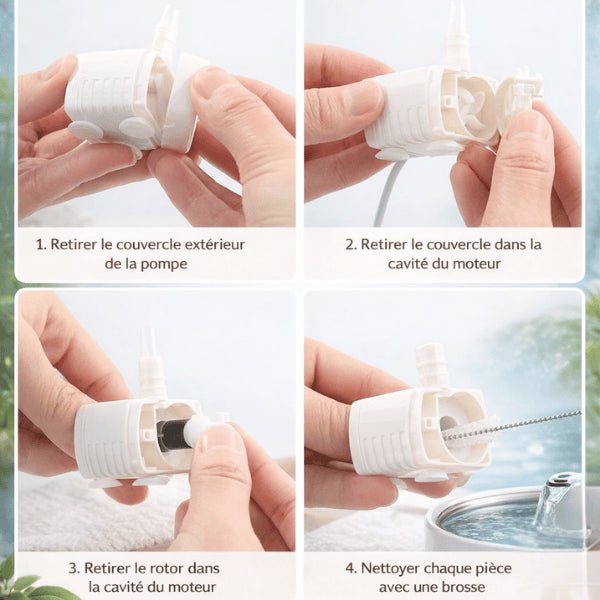 Étapes de nettoyage d’une pompe de fontaine à eau pour chat avec kit brosse dédié