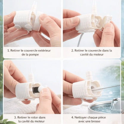 Étapes de nettoyage d’une pompe de fontaine à eau pour chat avec kit brosse dédié