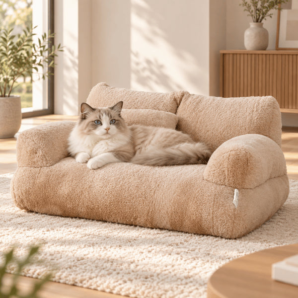 Lit canapé pour chat beige offrant un couchage moelleux et enveloppant