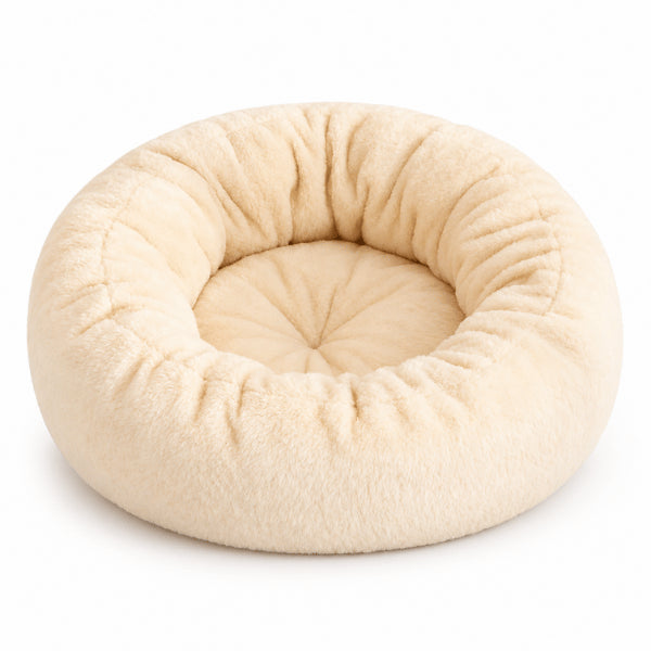 Lit pour chat beige en peluche douce avec coussin central enveloppant confortable