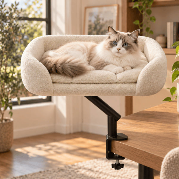 Lit chat de bureau en couleur beige sur support surélevé fixé au plateau
