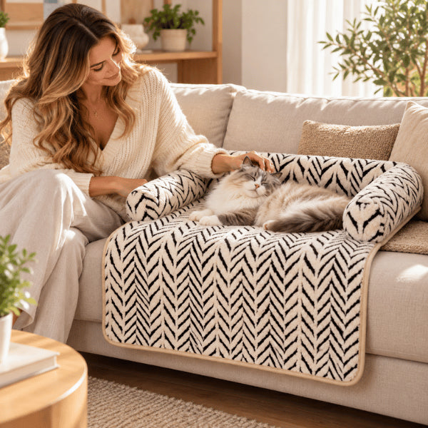 Lit couchage chat zébré avec appui latéral pour soulager tête et cou