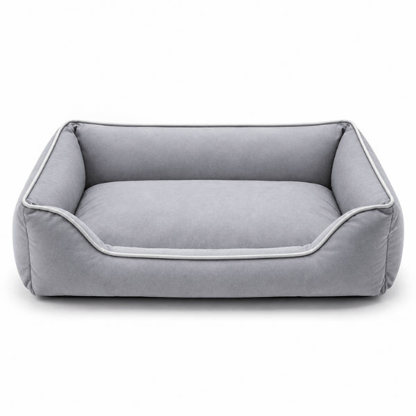Lit chat gris rembourré avec coussin généreux et rebords de maintien