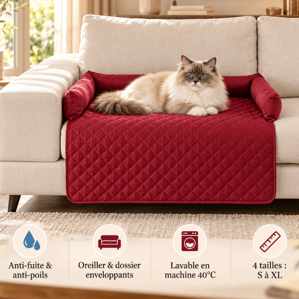 Lit chat imperméable rouge protégeant le canapé avec dossier et accoudoirs rembourrés