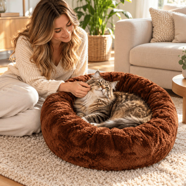 Lit chat marron moelleux avec rebords rembourrés pour détente sécurisante au quotidien