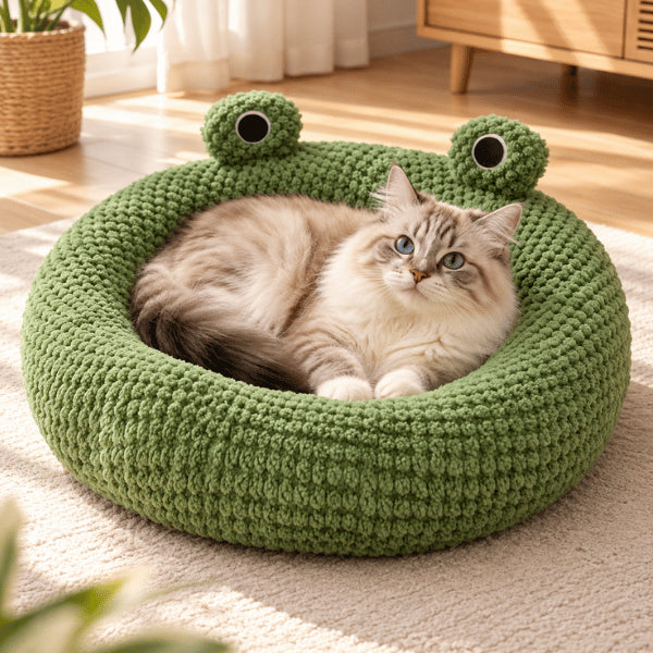 Lit chaton grenouille vert en peluche moelleuse avec repos central confortable