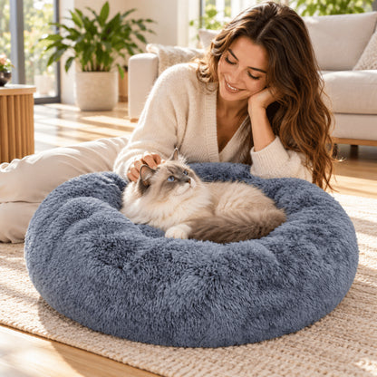 Lit donut pour chat gris avec rebord rembourré doux pour se blottir