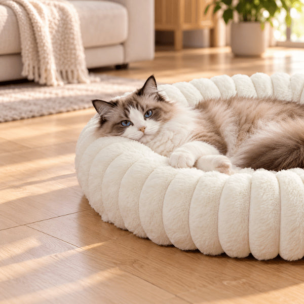 Lit donut pour chat avec rebord moelleux servant d’oreiller pendant le repos