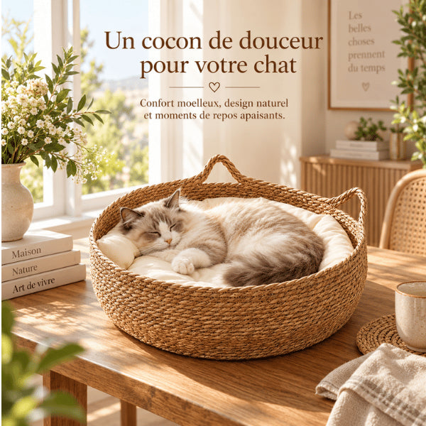 Lit en osier pour chat au design naturel avec couchage rembourré apaisant