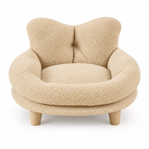 Lit pour chat beige vu de face avec dossier ergonomique enveloppant