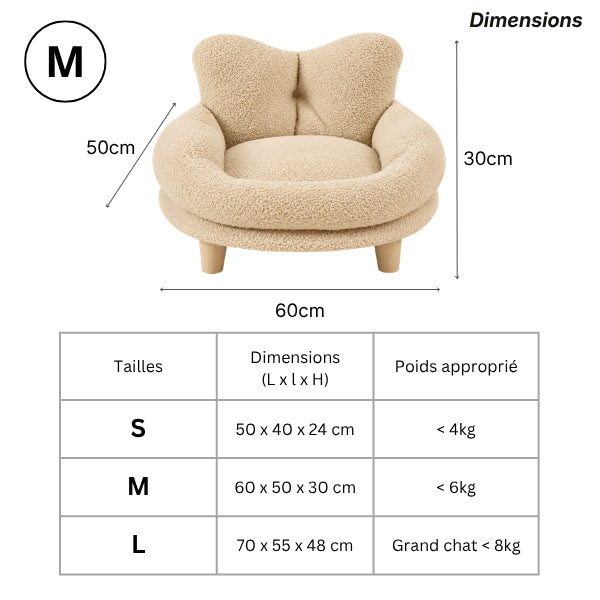 Lit pour chat fauteuil avec dimensions S M L et poids adaptés