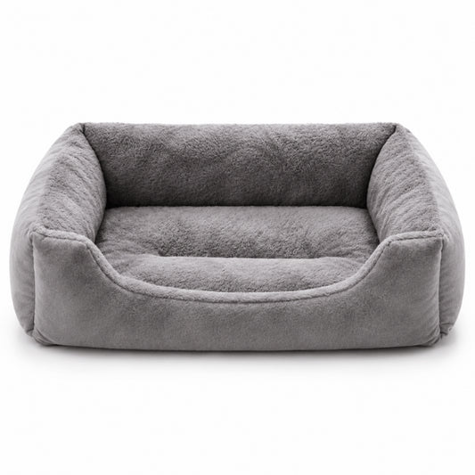 Lit rectangulaire pour chat gris en polaire douce avec bords rembourrés enveloppants
