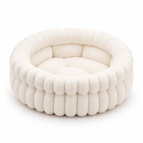 Lit rond pour chat blanc profond en peluche avec bord côtelé rembourré