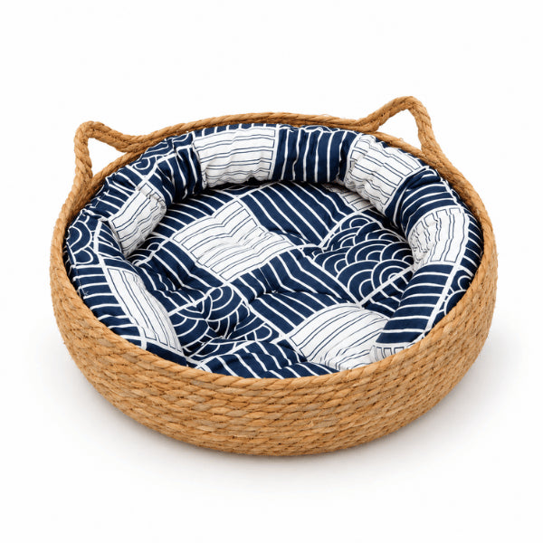 Lit en rotin pour chat avec coussin bleu épais rembourré confortable