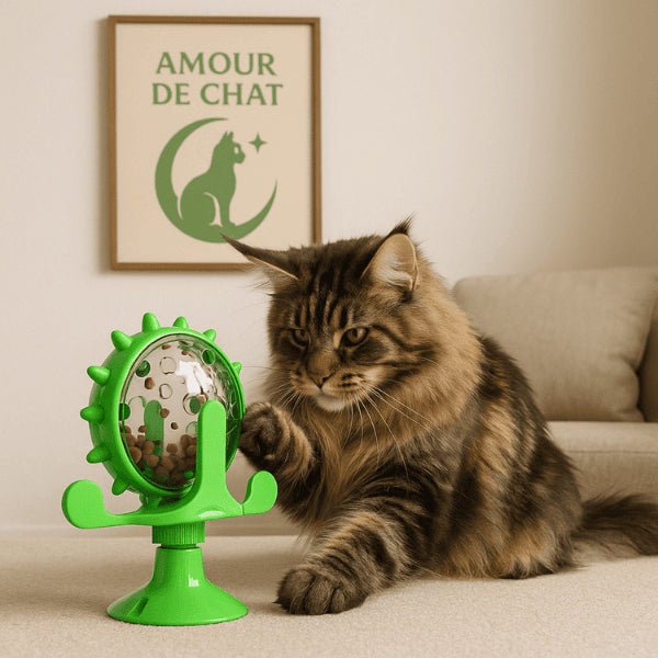 Maine coon joue avec distributeur de croquettes vert rotatif anti stress WhirlCatFeeder™