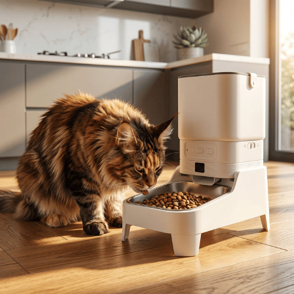 Maine coon mange confortablement au bol inox du distributeur croquettes surélevé connecté avec caméra