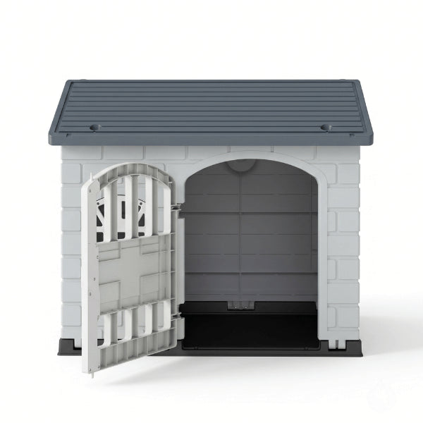 Maison à chat grise avec porte verrouillable fenêtres ventilées et plancher étanche surélevé