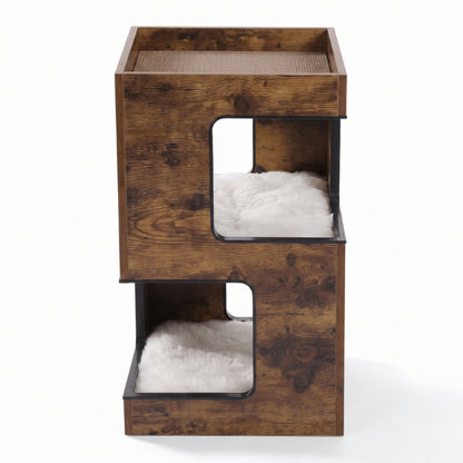 Maison chat bois brun avec deux niches ouvertes et tapis peluche amovibles