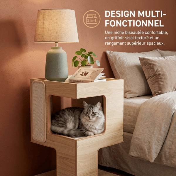 Maison chat bois multifonction servant de couchage griffoir et table de chevet