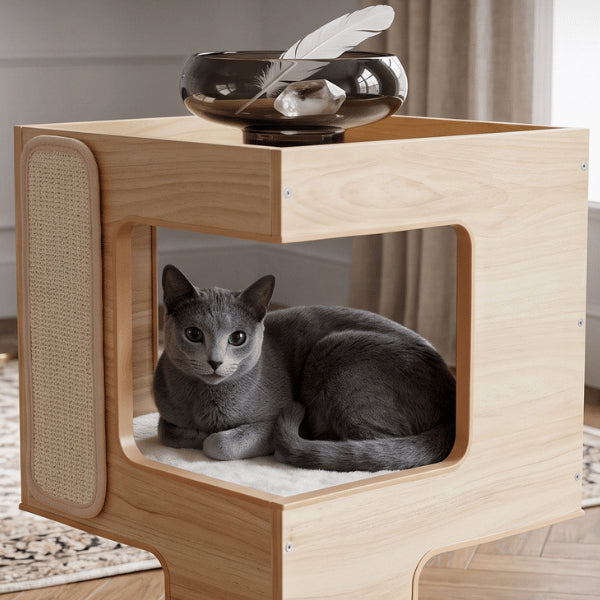 Maison chat bois naturel avec niche centrale confortable et griffoir sisal latéral