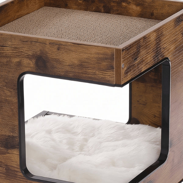 Maison chat bois niche griffoir coussin doux peluche zoom matière marron brûlé