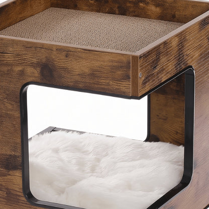 Maison chat bois niche griffoir coussin doux peluche zoom matière marron brûlé