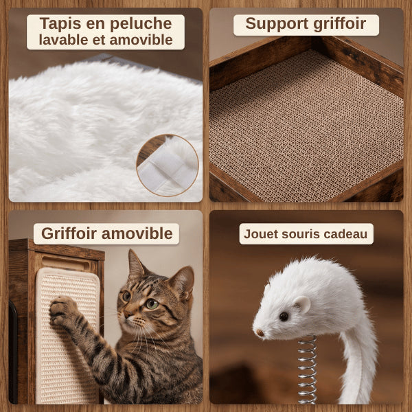 Maison chat bois multifonction avec tapis amovible griffoirs et jouet chat souris ressort
