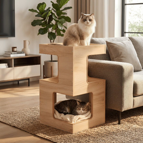 Maison chat bois trois niveaux accueillant deux chats entre repos et observation