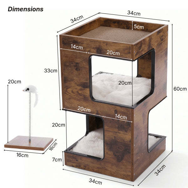 Maison chat bois trois niveaux dimensions 34x34x60 cm avec jouet chat souris
