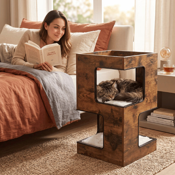 Maison chat bois vintage avec chat endormi dans niche surélevée près du lit