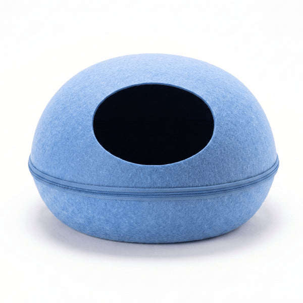 Maison chats bleue avec entrée ronde et design ovale compact pour intérieur