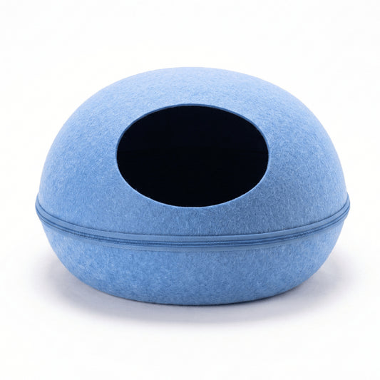Maison chats bleue avec entrée ronde et design ovale compact pour intérieur