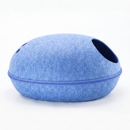 Maison chats bleue en feutre avec coque ovale protectrice et fermeture éclair