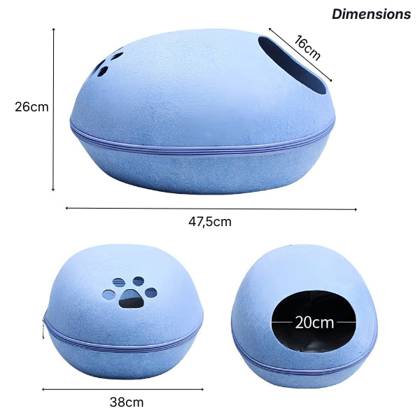 Maison chats ovale en feutre avec dimensions et ouvertures avant et arrière