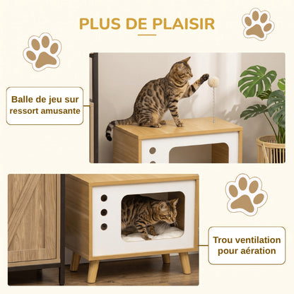 Maison en bois pour chat avec balle sur ressort et trous d’aération