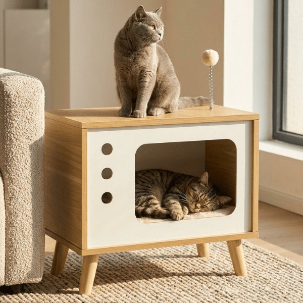 Maison en bois pour chat avec cocon douillet et plateforme de jeu