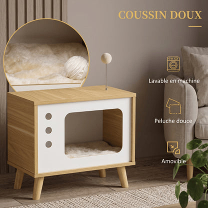 Maison en bois pour chat avec coussin doux amovible et lavable