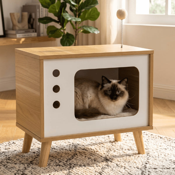 Maison en bois pour chat surélevée offrant un cocon rassurant et confortable