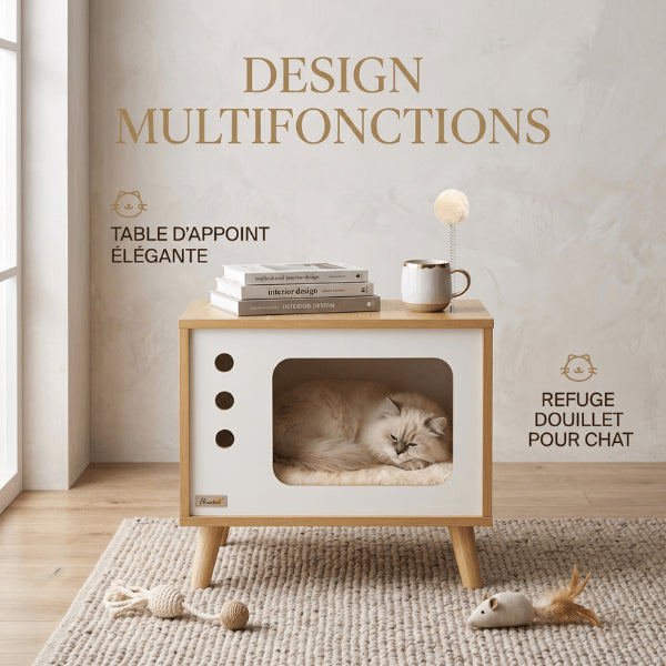 Maison en bois pour chat multifonction servant de refuge et table d’appoint